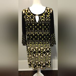 Style & Co. Modern pattern dress, w/ small V in front held by metal squares. XL